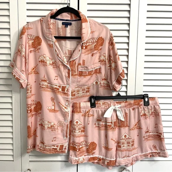KATIE KIME Pink PJ Set Button Top & Shorts Nashville Johnny Cash & June Sz L - Picture 1 of 15
